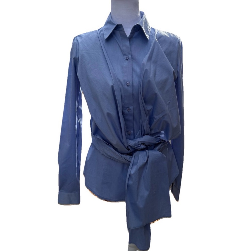 New York & Co 7th Avenue Design Button Shirt Women XS Blue Long Wrap Tie Bow NEW